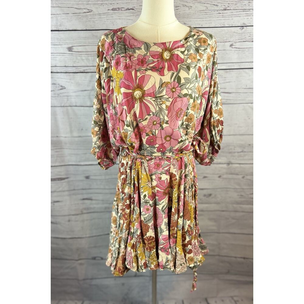 The Impeccable Pig Floral Dress Womens L 100% Rayon Boho Tie Waist NWOT